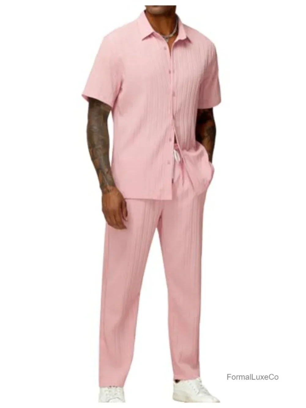 Vertical Striped 2PC Matching Set Short Sleeve Button Down Shirt & Pants